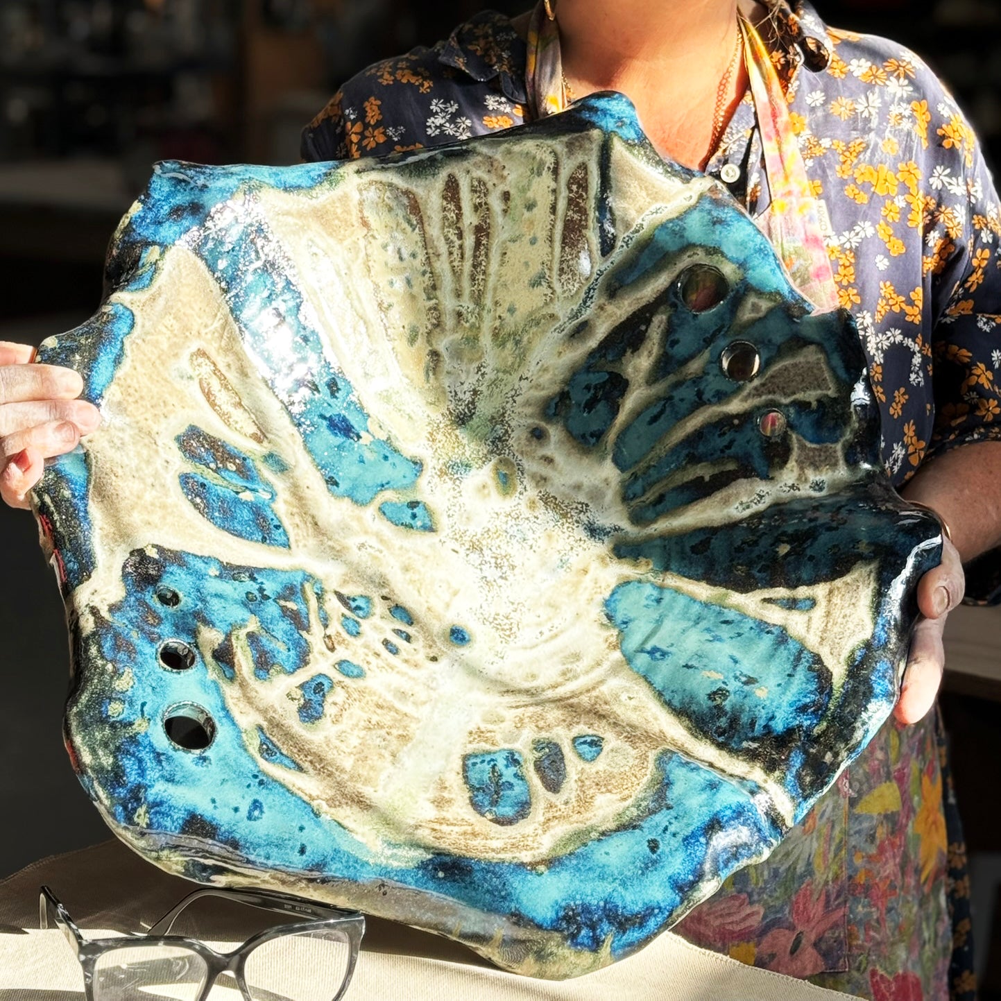 Large hand made ceramic platter by katie manekshaw artist